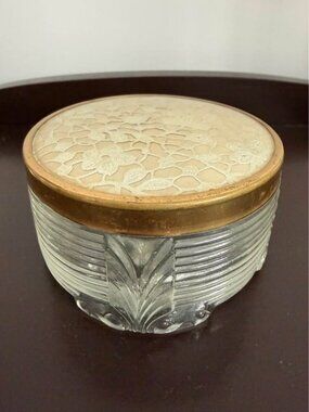 Antique Vanity Set Trinket Dish Pressed Glass Gold Pattern Lid 3.5”